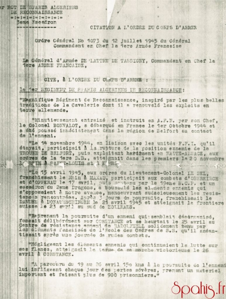 Citation à l'ordre du corps d'armée attribuée au 1er RSAR pour sa conduite durant la campagne 1944-1945. 