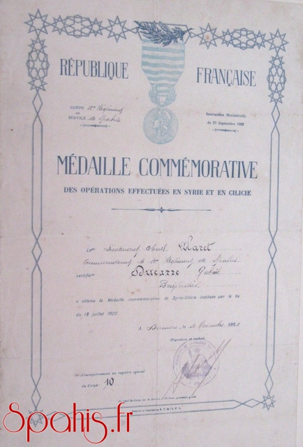 Diplôme de la médaille commémorative des opérations effectuées en Syrie et Cilicie, attribué à un brigadier du 12e RST